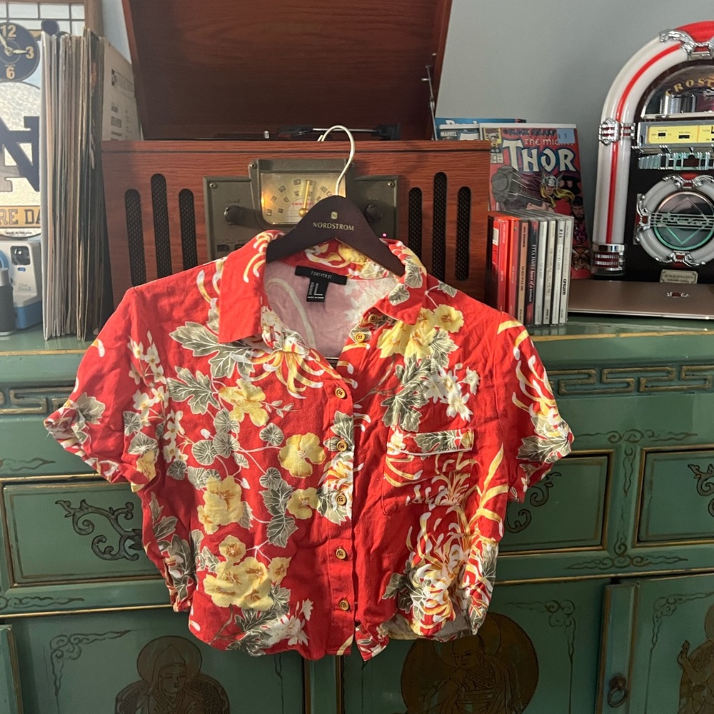 Hawaiian Crop Top Red and Yellow Floral Shirt